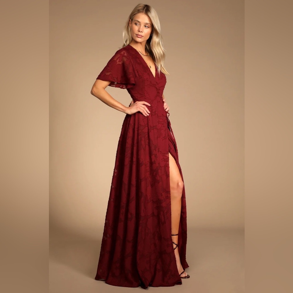 Lulus Splendid Celebration Wine Red Floral Jacquard Wrap Maxi Dress